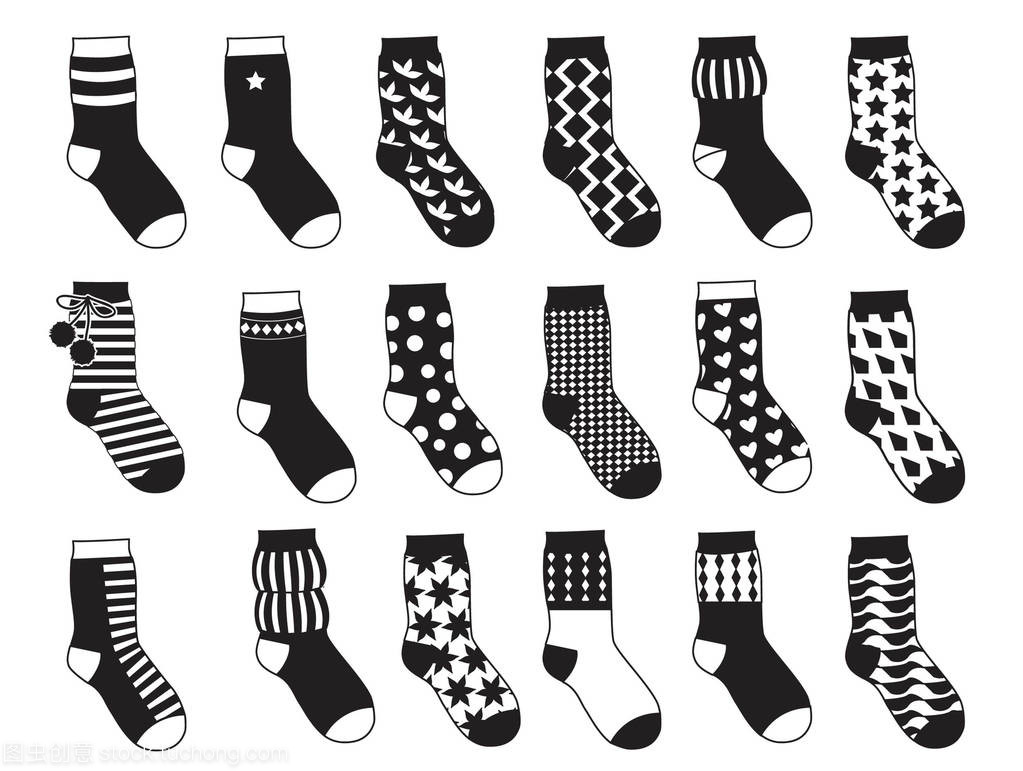 孩子的剪影襪子與不同模式。矢量單色插圖隔離